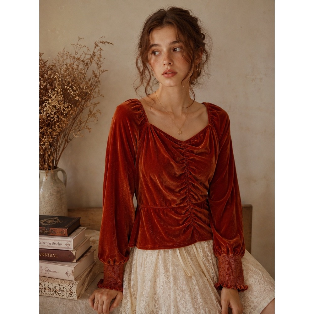 Amber Sun Burnt Orange Velvet‎ Ruched Peplum Top XL Balloon Sleeve Smocked Cuff